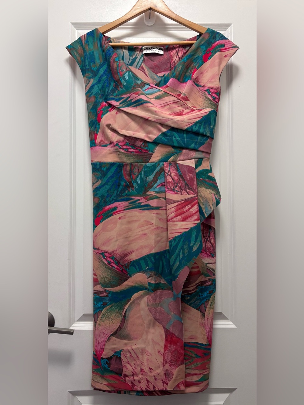 Chiara Boni Pink and Teal Abstract Draped Midi Dress